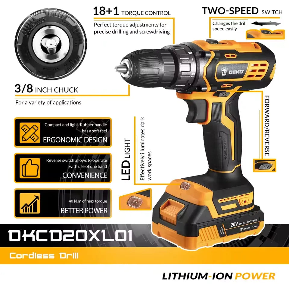 DEKO 20V MAX DKCD20XL01-H10S2 | 3/8" CORDLESS DRILL